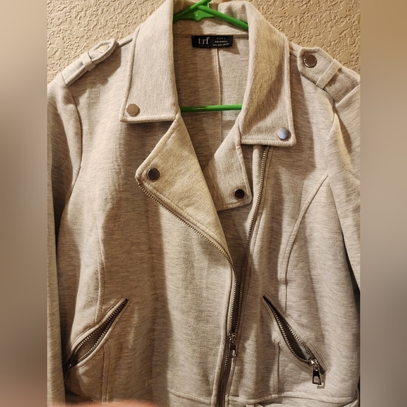 💕Zara Plush Jersey Biker Moto Jacket Women Light Heather Grey Cotton Size L - Picture 3 of 6